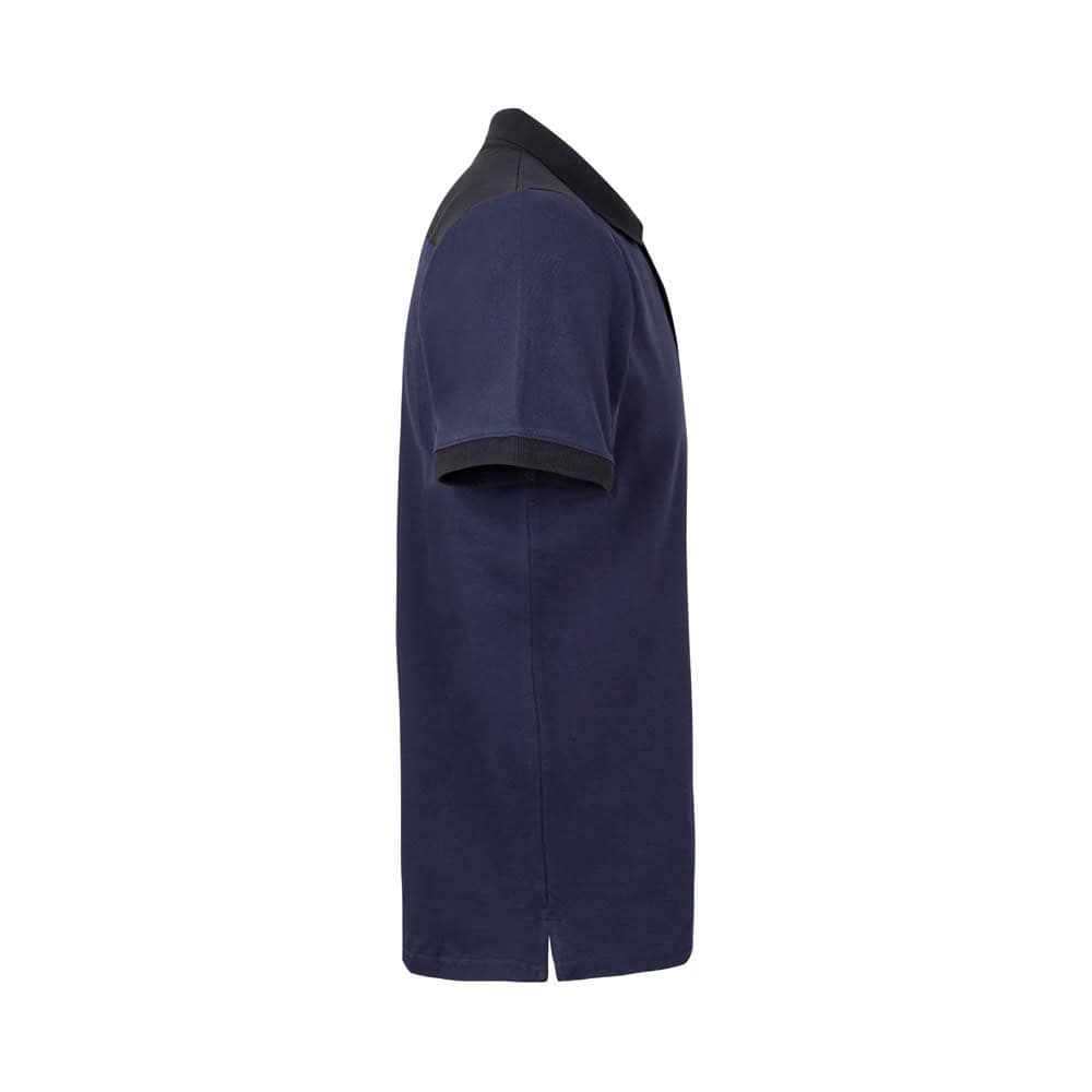 Mörkblå pikétröja i stretchig polyester med korta ärmar.
