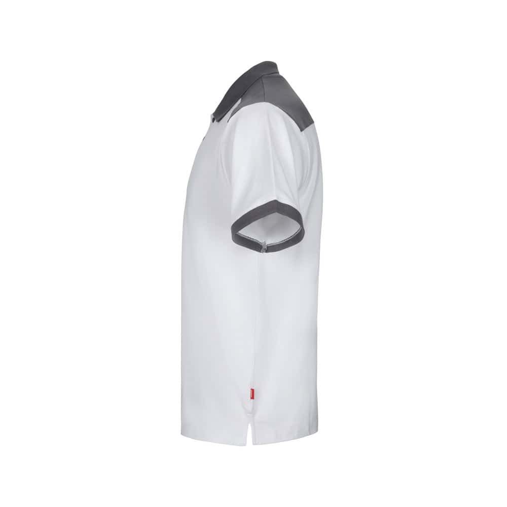 Vit och grå pikétröja i stretchig polyester och elastan, korta ärmar.