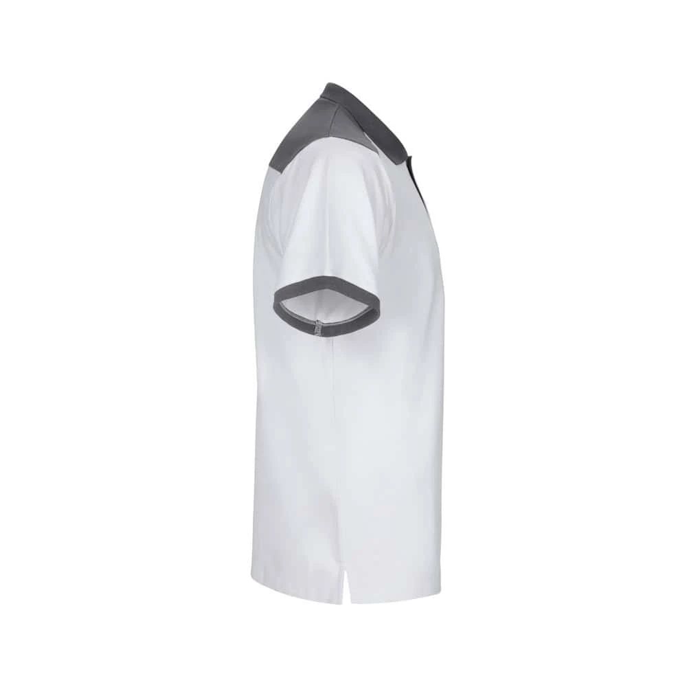 Vit och grå pikétröja i stretchig polyester och elastan, korta ärmar.