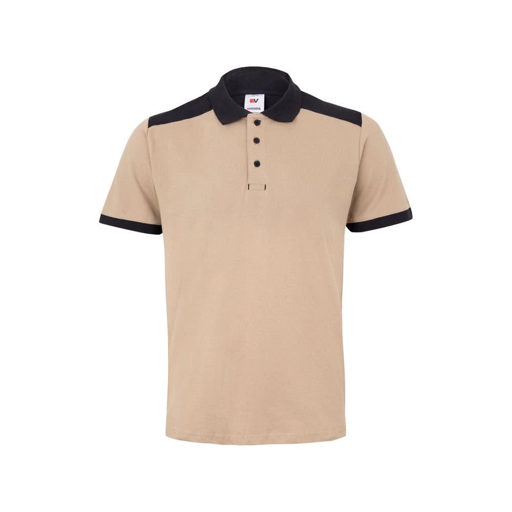 Pikétröja i beige med svart krage och axlar, korta ärmar, 96% polyester, 4% elastan.
