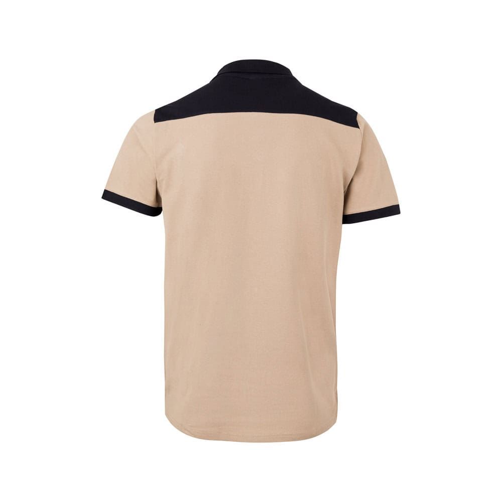 Beige och svart pikétröja i stretchig polyester och elastan, kortärmad.