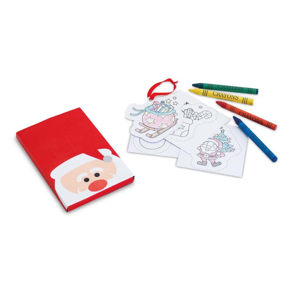 Julklappspapper med tomteansikte, färgpennor och julteckningar för barn.