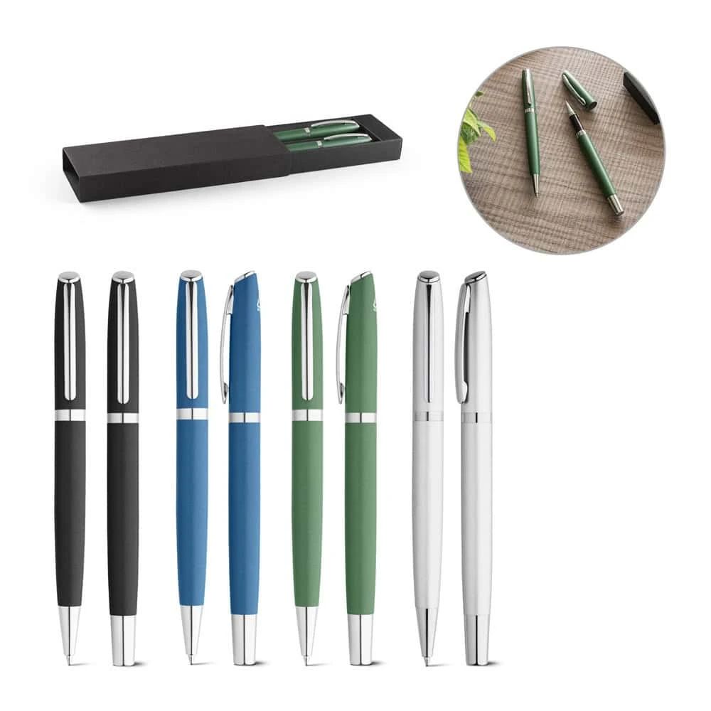 RE-LANDO-SET. Rollerball och kulspetspenna som set med kropp i återvunnen aluminium (100 % rAL) – profilreklam med tryck från ExpoTryck