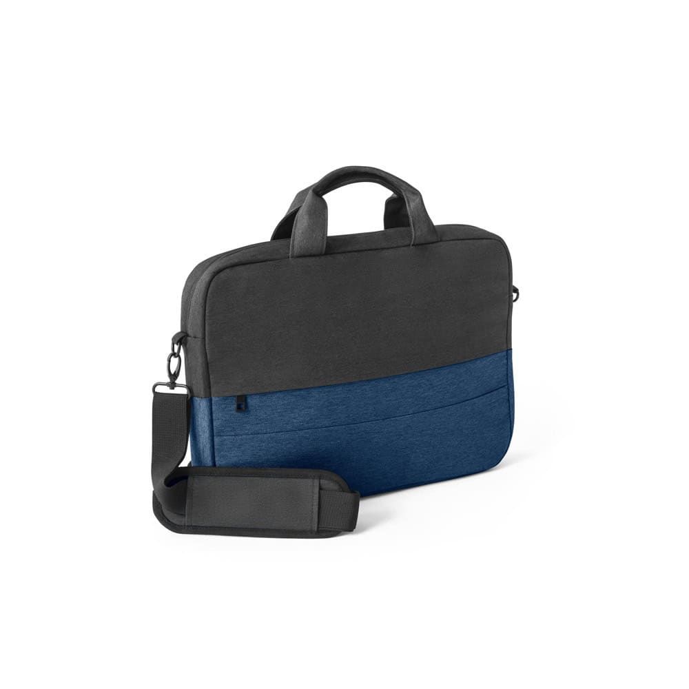 Vadderad laptopväska i svart och blått med bärhandtag och axelrem.