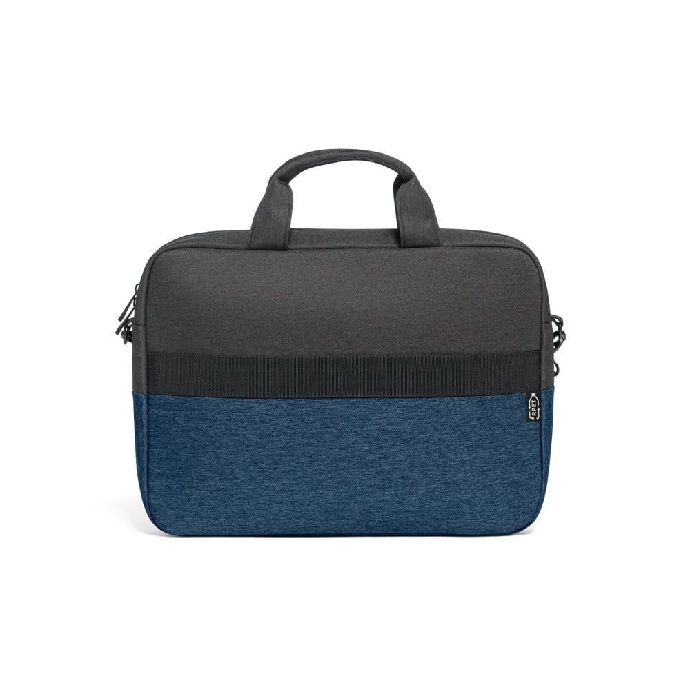Vadderad laptopväska i 600D återvunnen polyester, svart och blå.