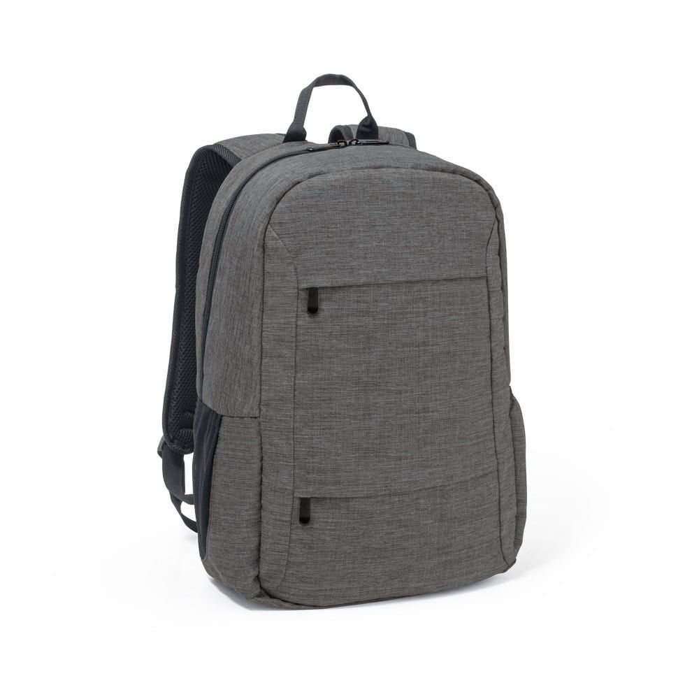 Grå ryggsäck för laptop tillverkad av 100% rPET, hållbar och praktisk.