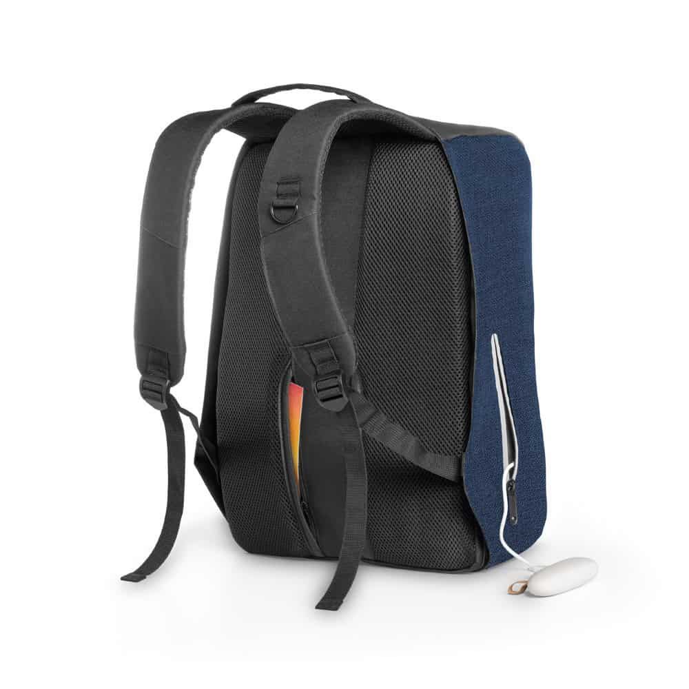 Svart och blå laptopryggsäck med stöldskyddssystem och USB-laddare.