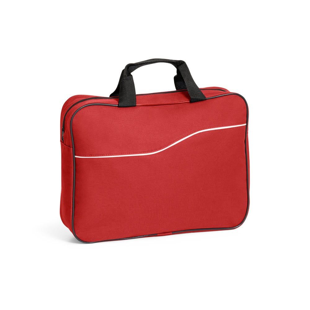 Röd konferensväska i 600D-material med svart handtag och vit detalj.