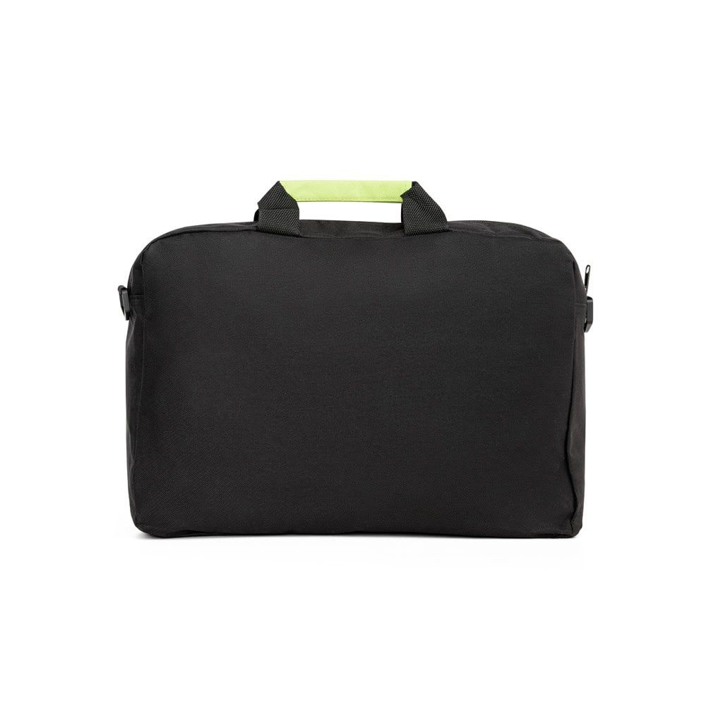 Konferensväska i svart med grön handtag för möten och presentationer.