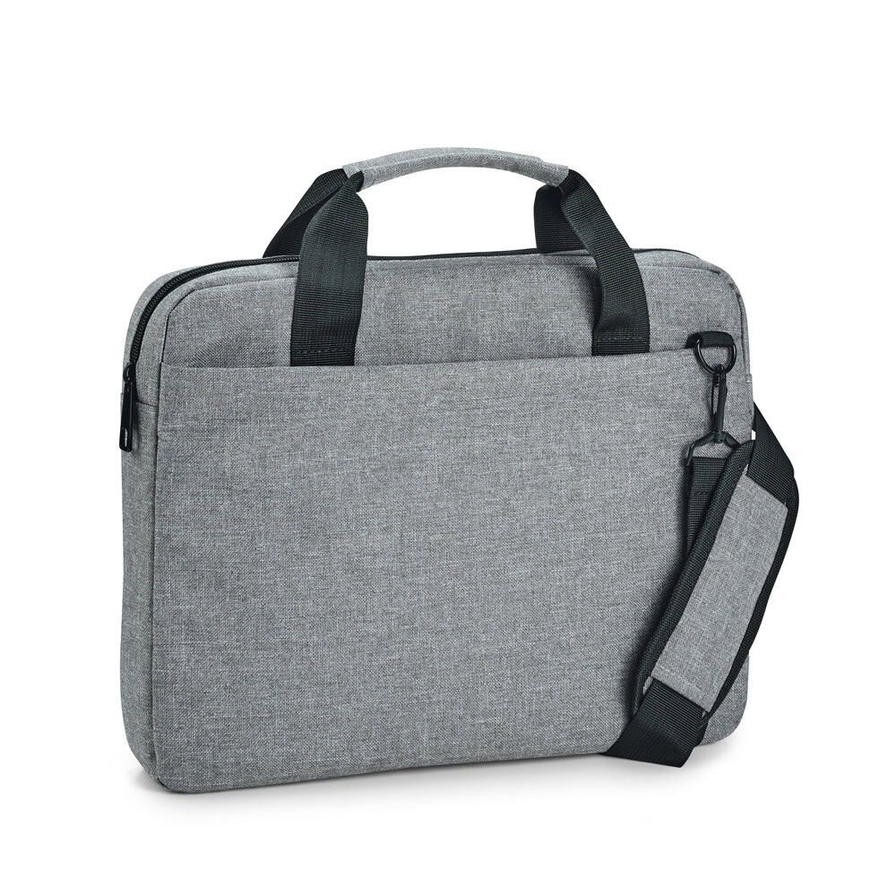 Grå laptopväska för 14-tums dator med bärhandtag och axelrem.