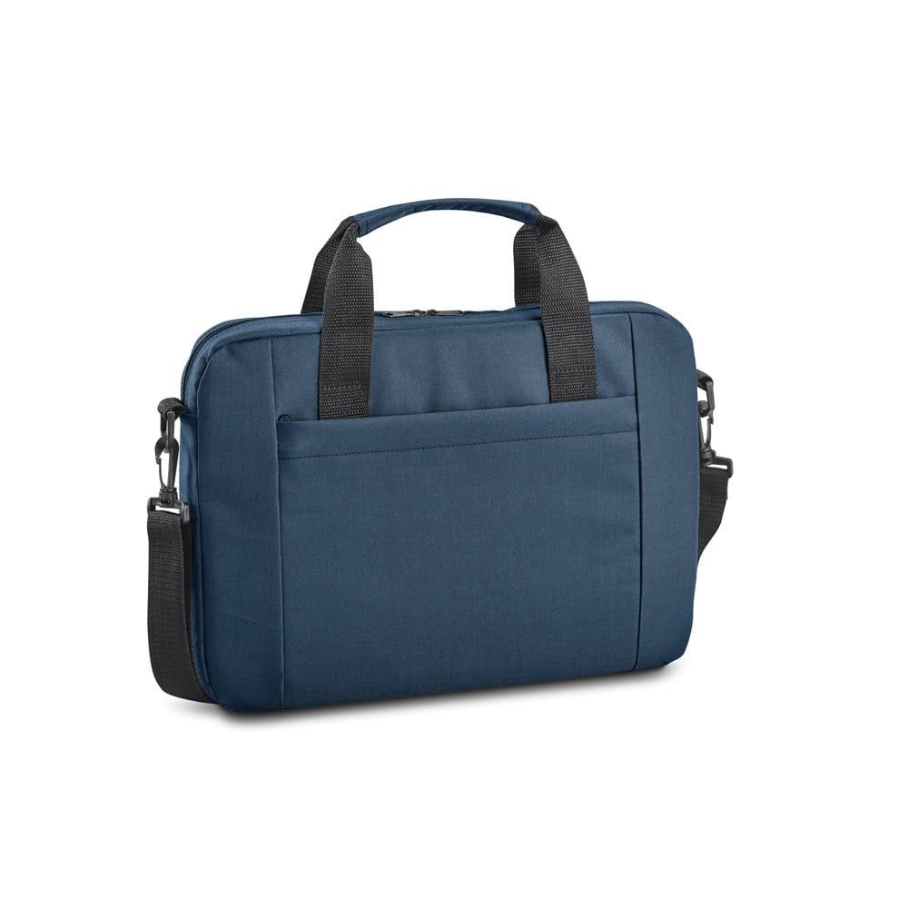 Blå laptopväska för 15,6'' med handtag och axelrem, slitstarkt material.