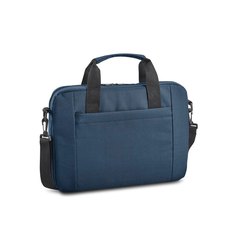 Blå laptopväska för 15,6'' med handtag och axelrem, slitstarkt material.