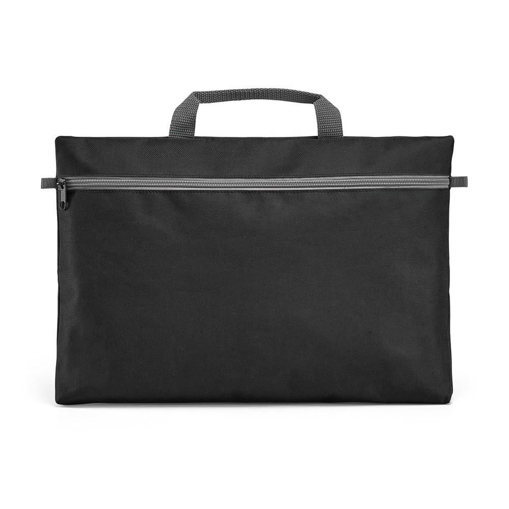 Konferensväska i svart 600D polyester med dragkedja och handtag. Perfekt för möten och affärsresor.