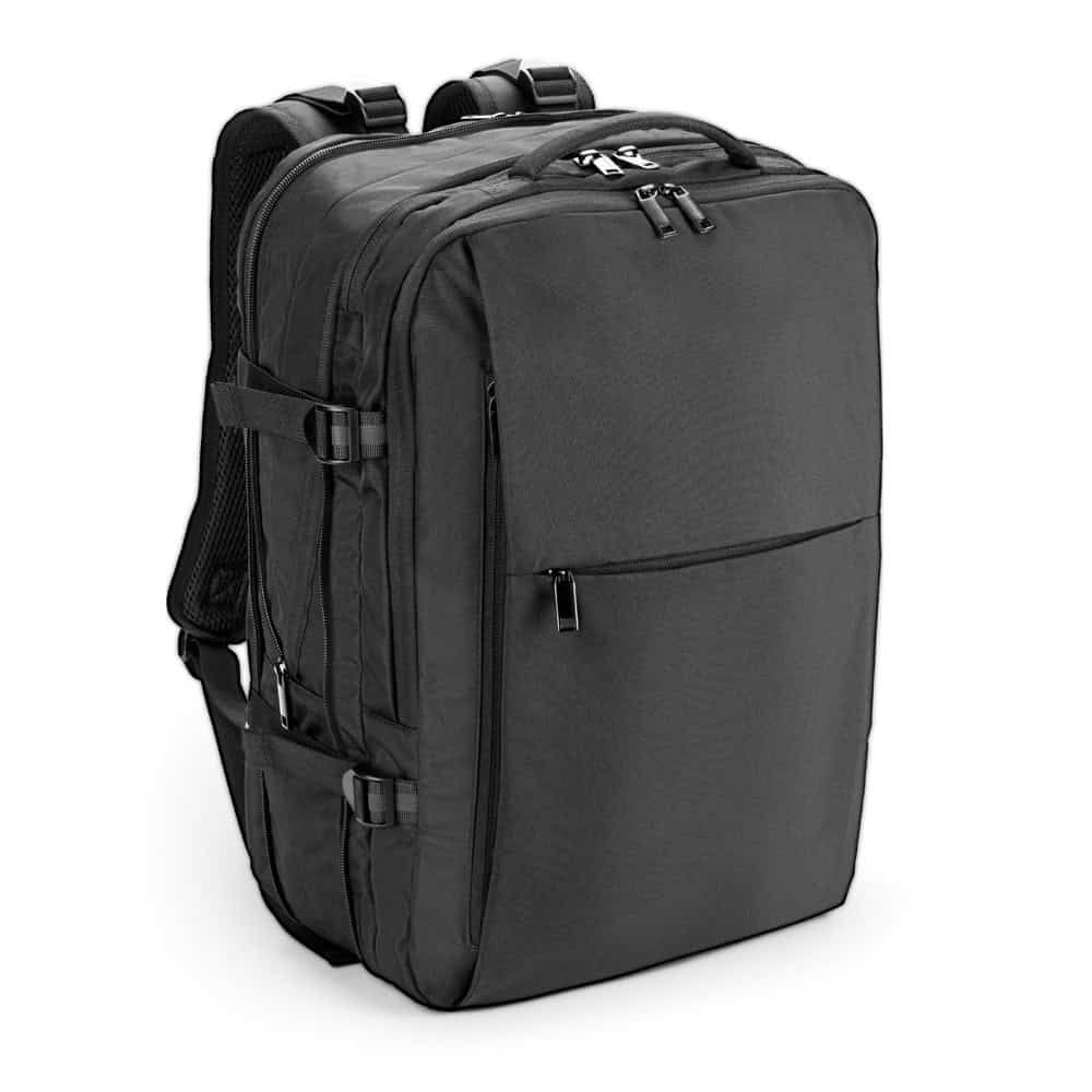 Högkvalitativ svart reseryggsäck med reflexdetaljer för 17.3" laptop.