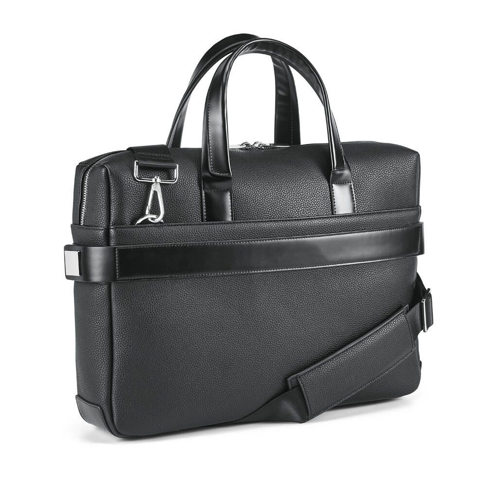 Elegant portfölj i polyläder för 15.6" laptop, perfekt för affärsresor och möten.
