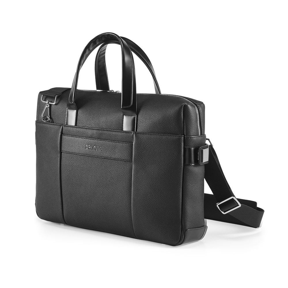 Svart portfölj i polyläder för 15.6" laptop, med bärhandtag och axelrem.