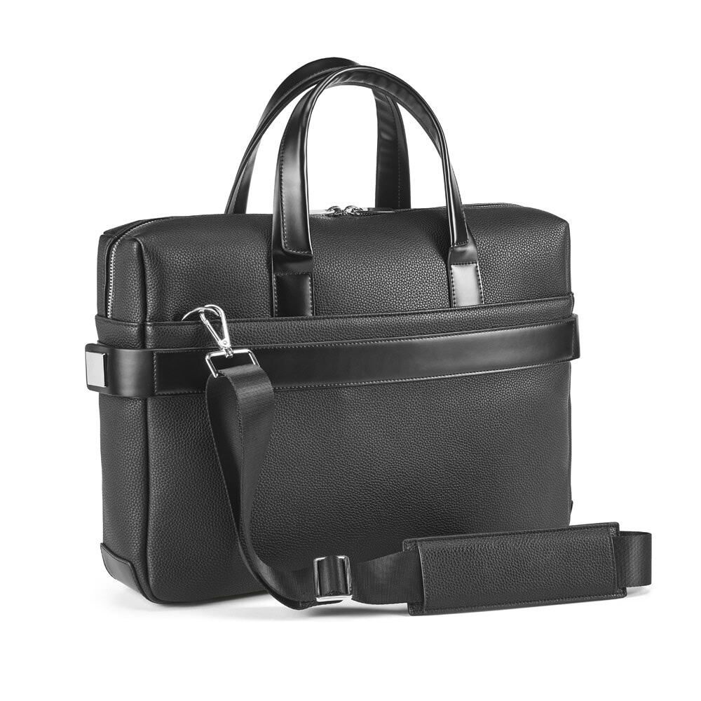 Svart portfölj i polyläder för 15.6" laptop med bärhandtag och axelrem.
