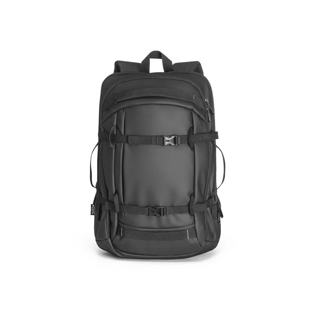 Svart laptopryggsäck i 900D polyester med vattenavvisande yta och flera fack.