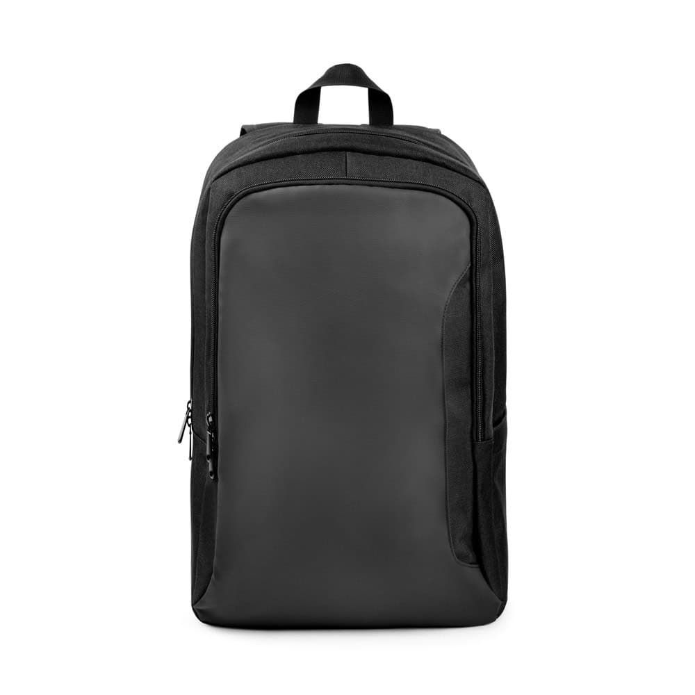 Svart laptopryggsäck i högdensitet 600D återvunnen polyester, perfekt för arbete och resor.
