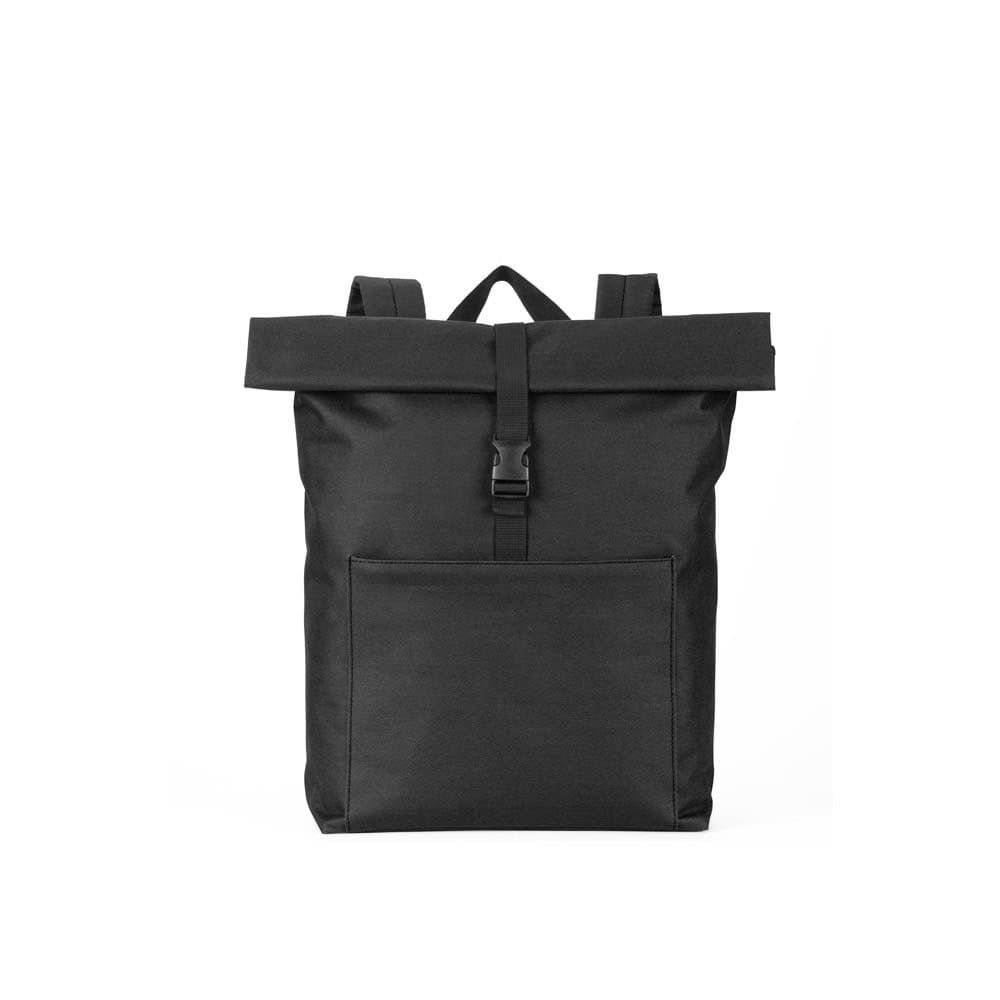 Svart laptopryggsäck i 600D material med 210D foder och frontficka.