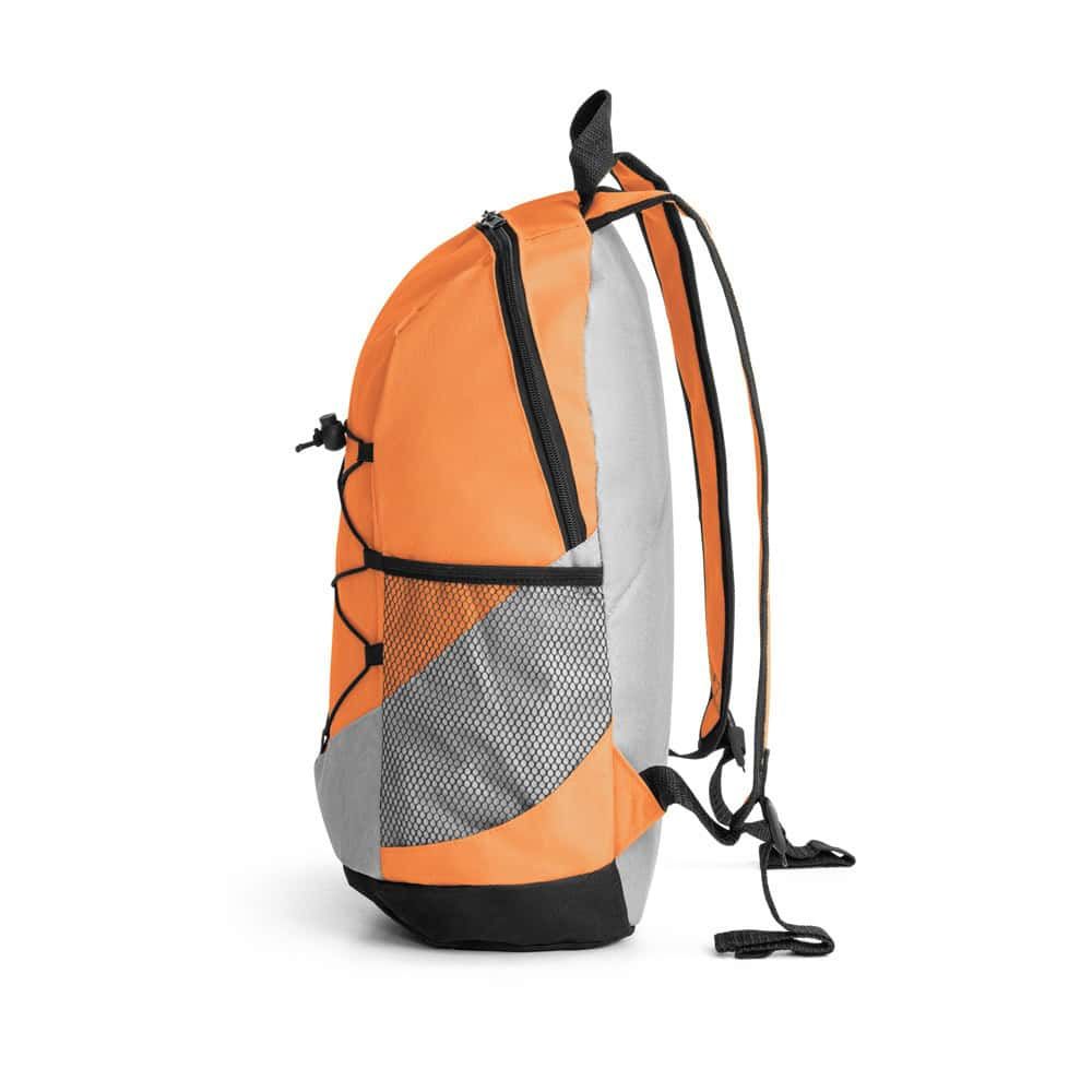 Ryggsäck i orange och grå med flera fack och justerbara remmar.
