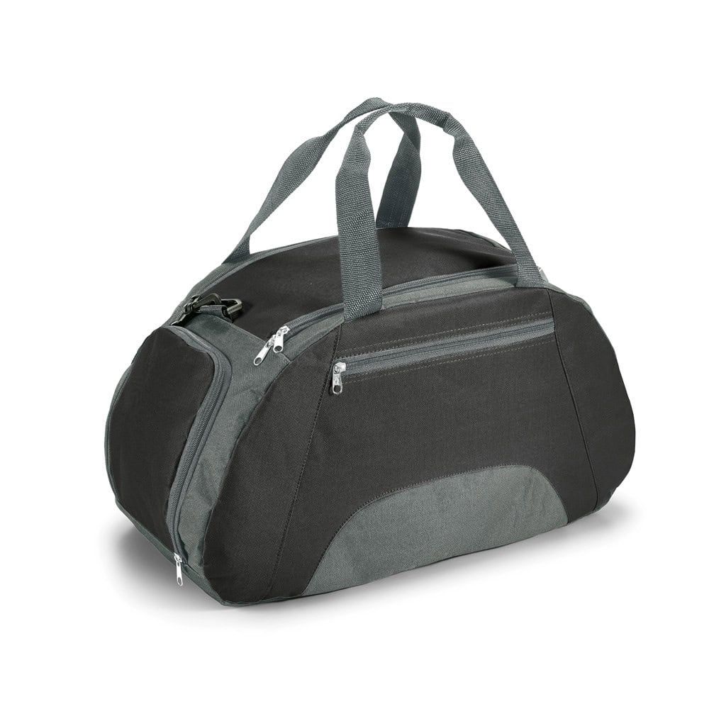 Svart sportväska i 600D polyester med handtag och flera fack.