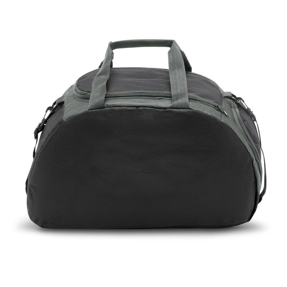 Svart sportväska i 600D polyester med handtag och dragkedjor.