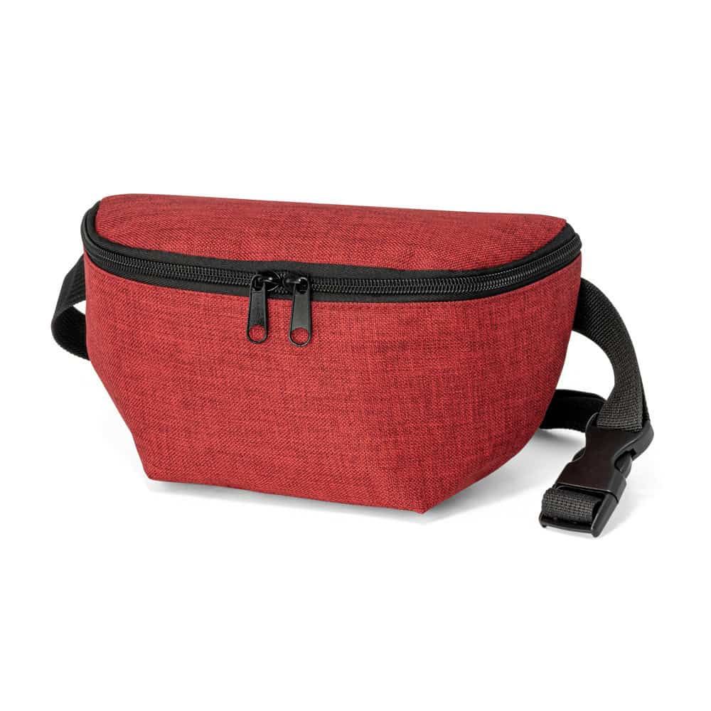 Mörkröd midjeväska i 600D polyester med dragkedja och justerbar rem.