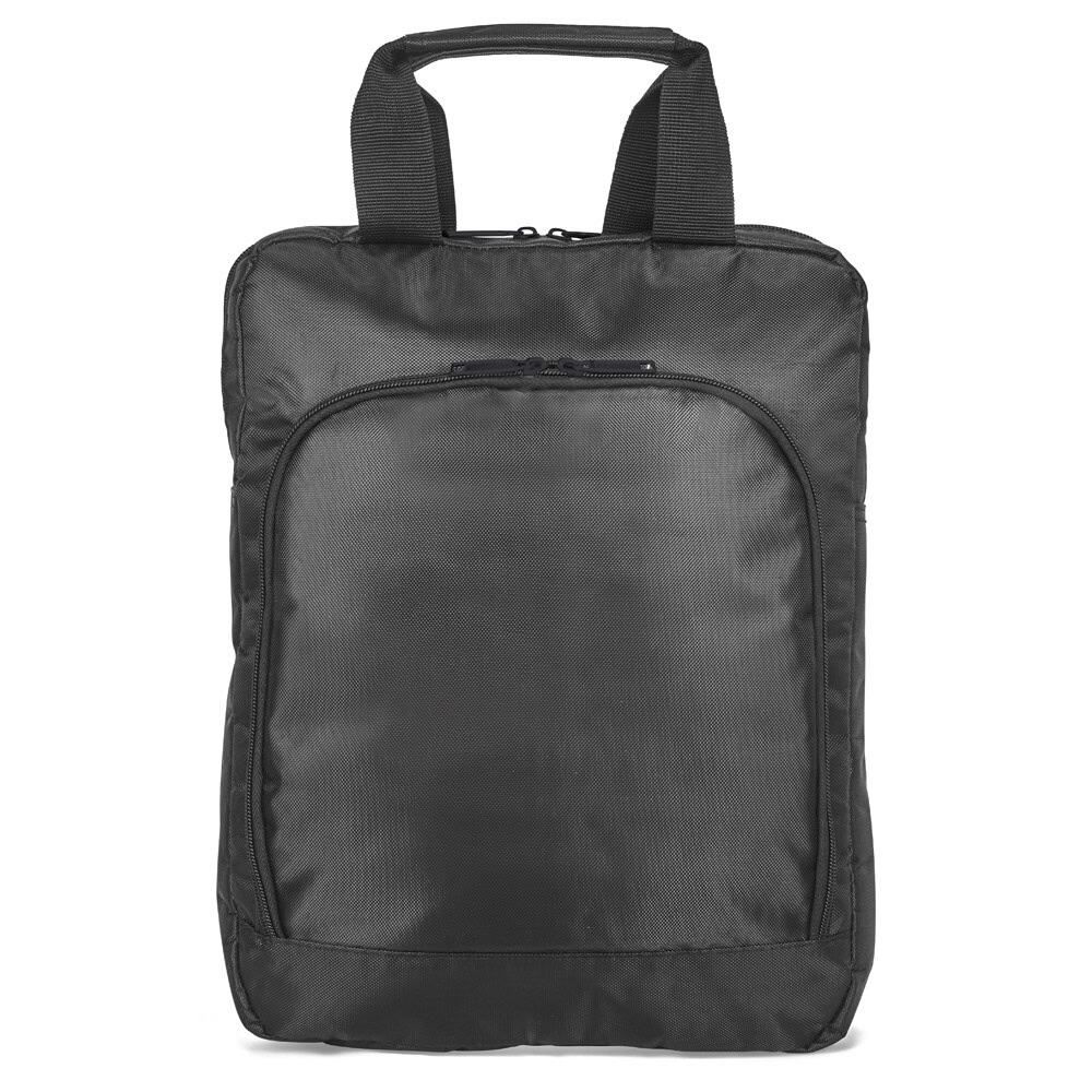 Svart laptopryggsäck med handtag och flera fack för säker förvaring.