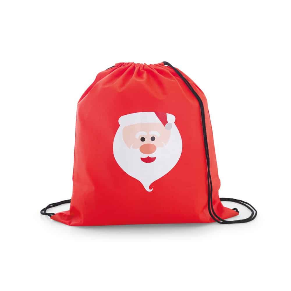 Röd gympapåse med julmotiv av jultomteansikte och svart dragsko.