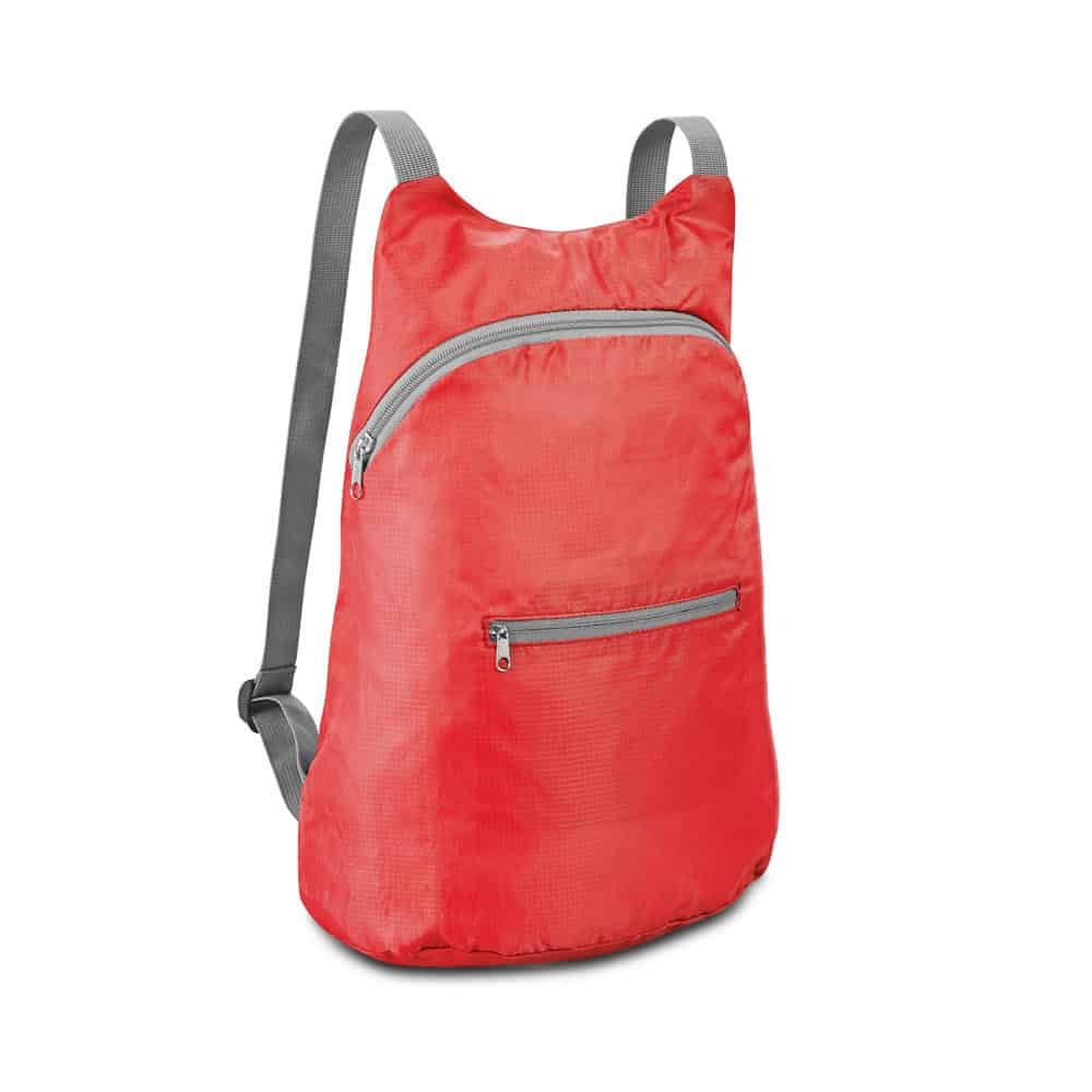 Vikbar ryggsäck i rött med två dragkedjor, perfekt för resor och vardag.