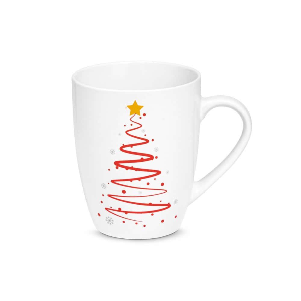 Vit mugg med julgran och stjärna, perfekt för julfirande.