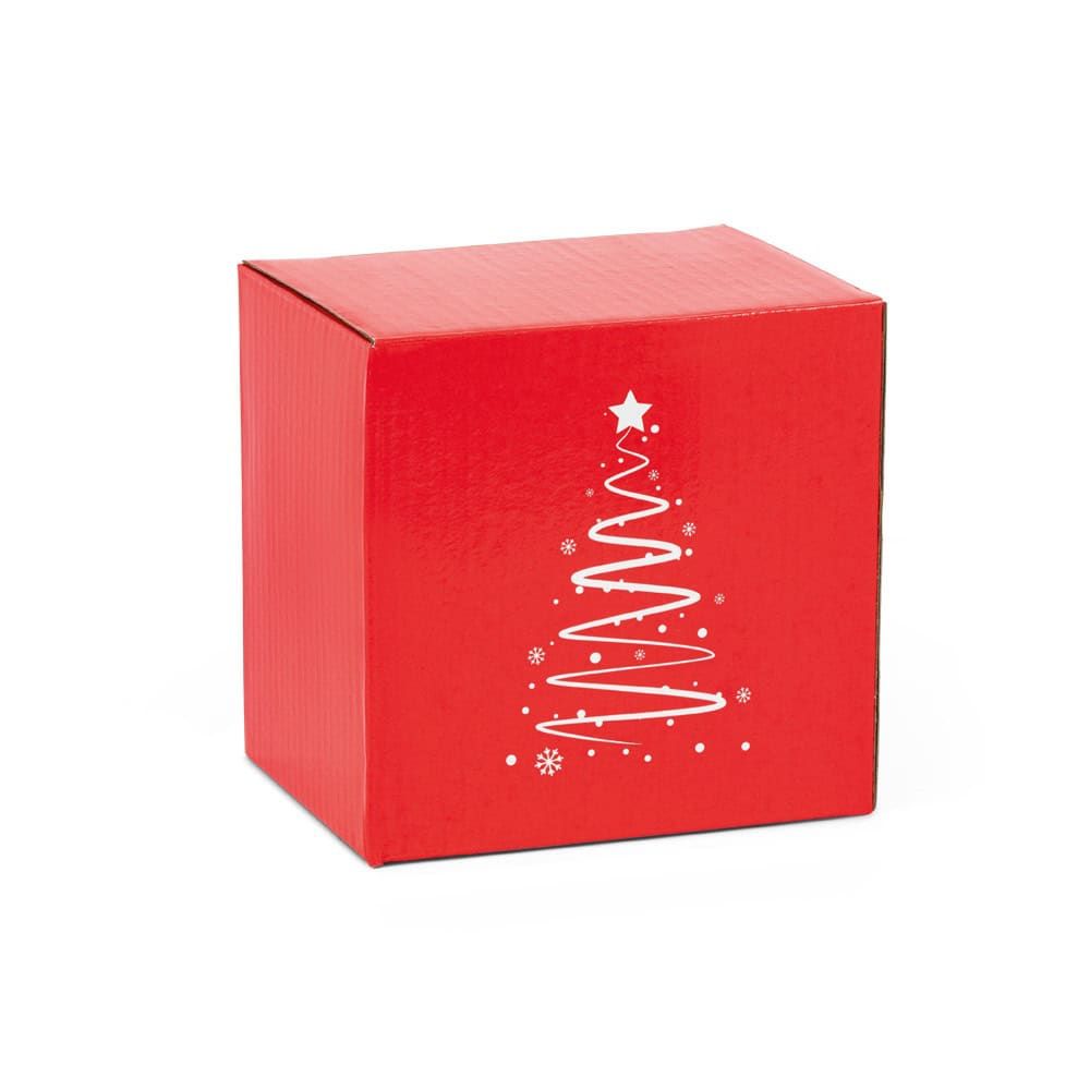 Julgran och stjärna på röd presentkartong, perfekt för julklappar och festdekorationer.