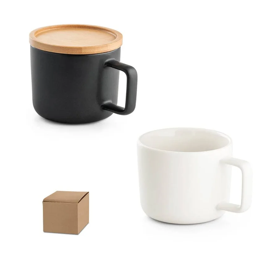 FANGIO. 220 mL keramisk mugg med lock och bambubotten