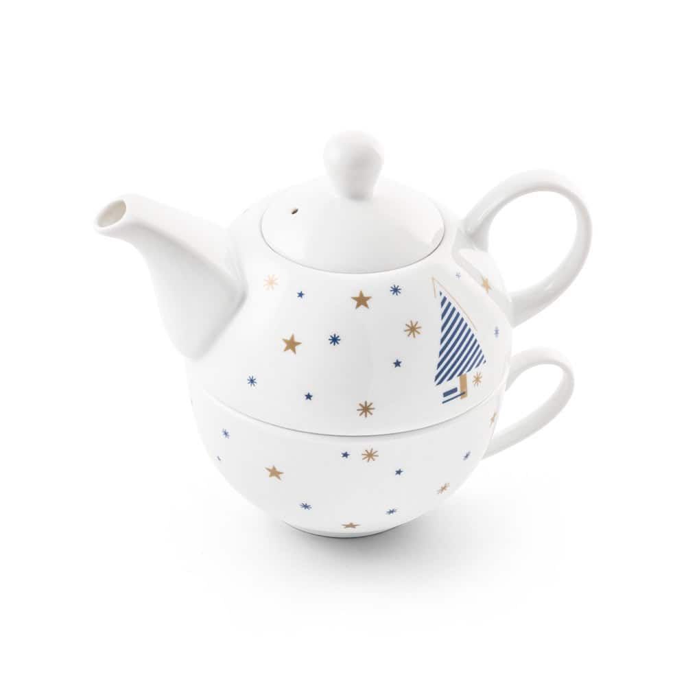 Vit teekanna med blå och guldstjärnor samt segelbåtsmotiv, perfekt för te- och cafékoppar.