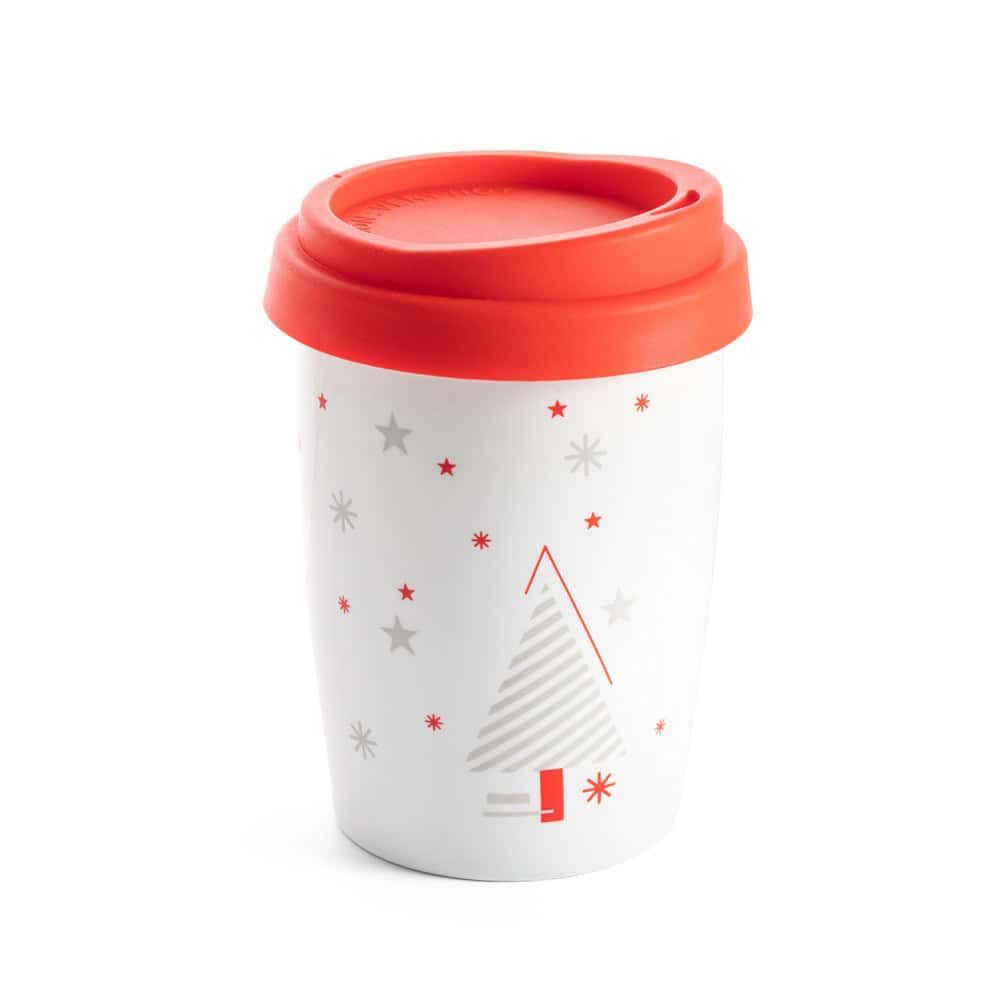 Resemugg med julmotiv och röd lock, perfekt för kalla dagar och julfirande.