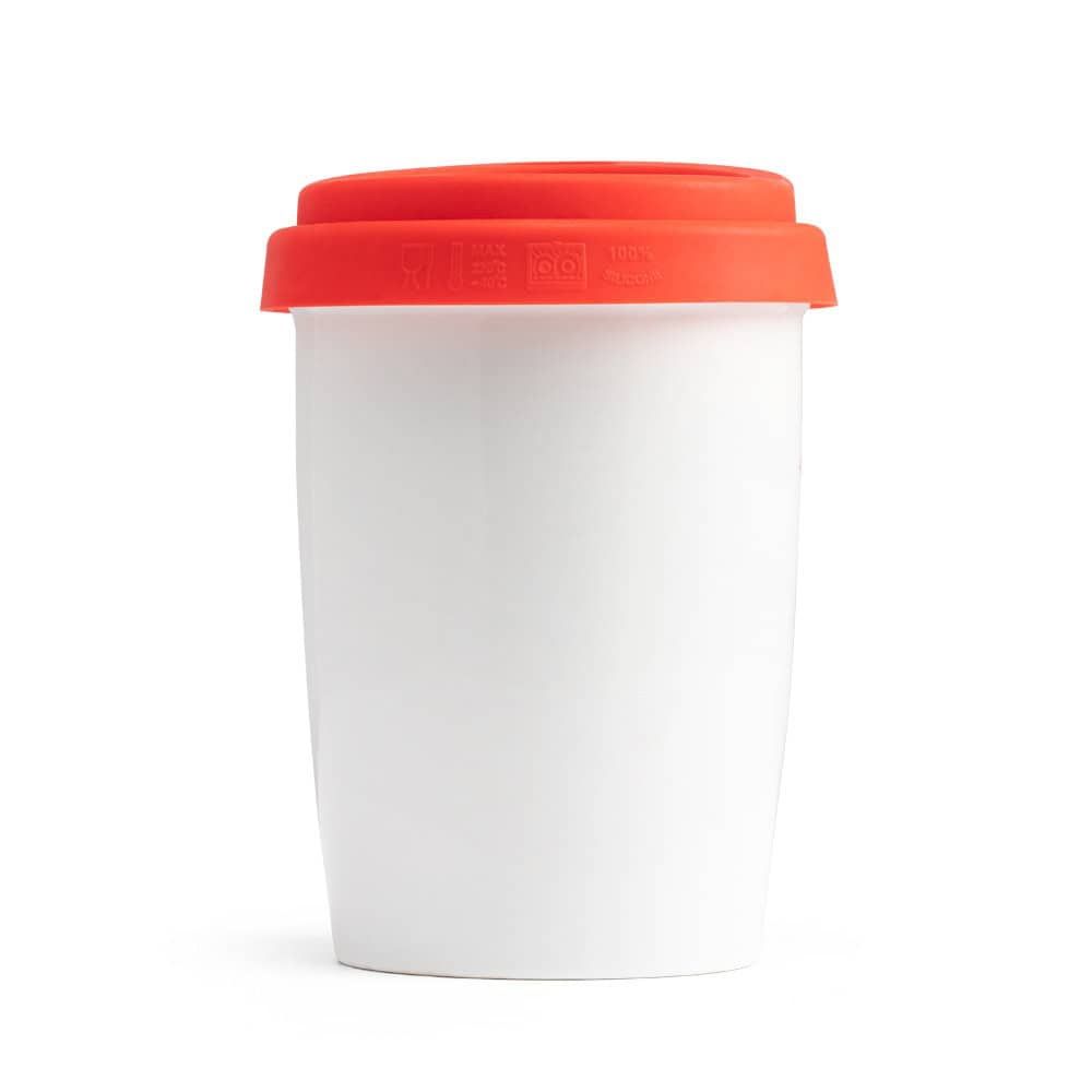 Resemugg med varningsetikett och lock, perfekt för resor och utomhusbruk.
