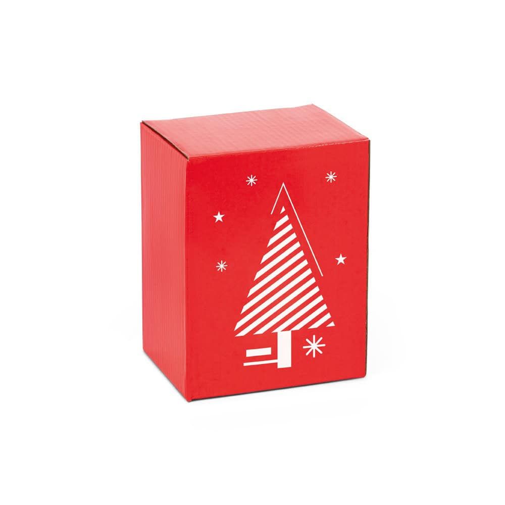 Röd julgranspresentbox med vit julgran och snöflingor.