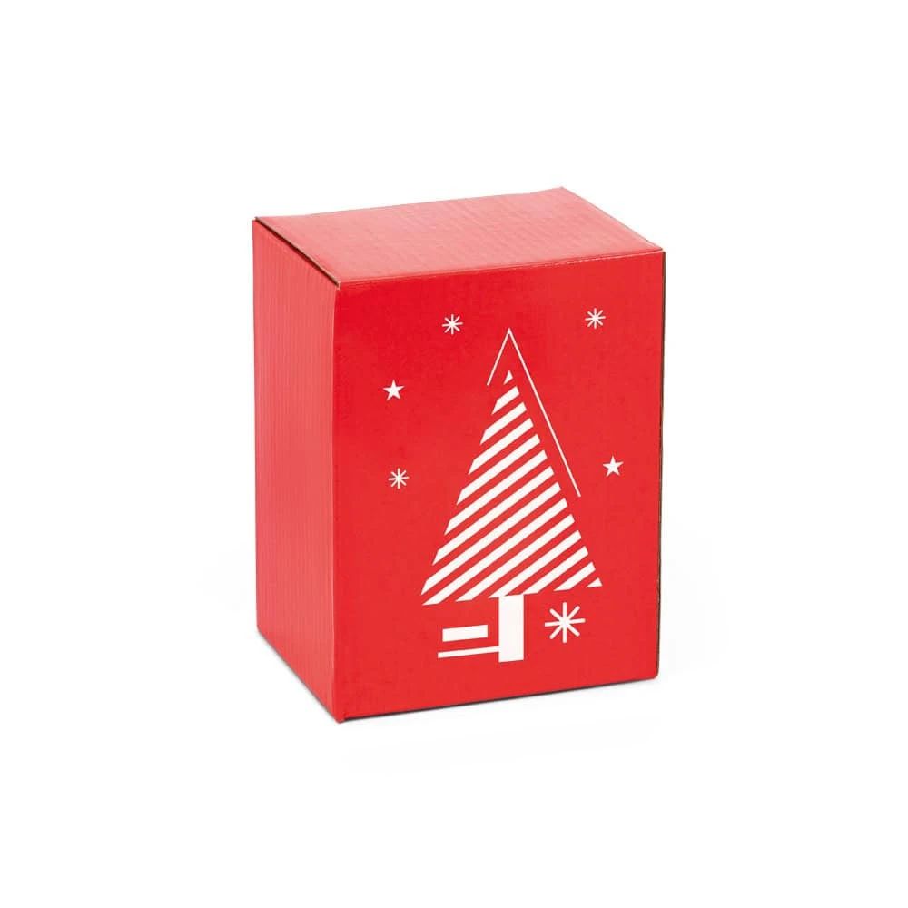 Röd julgranspresentbox med vit julgran och snöflingor.