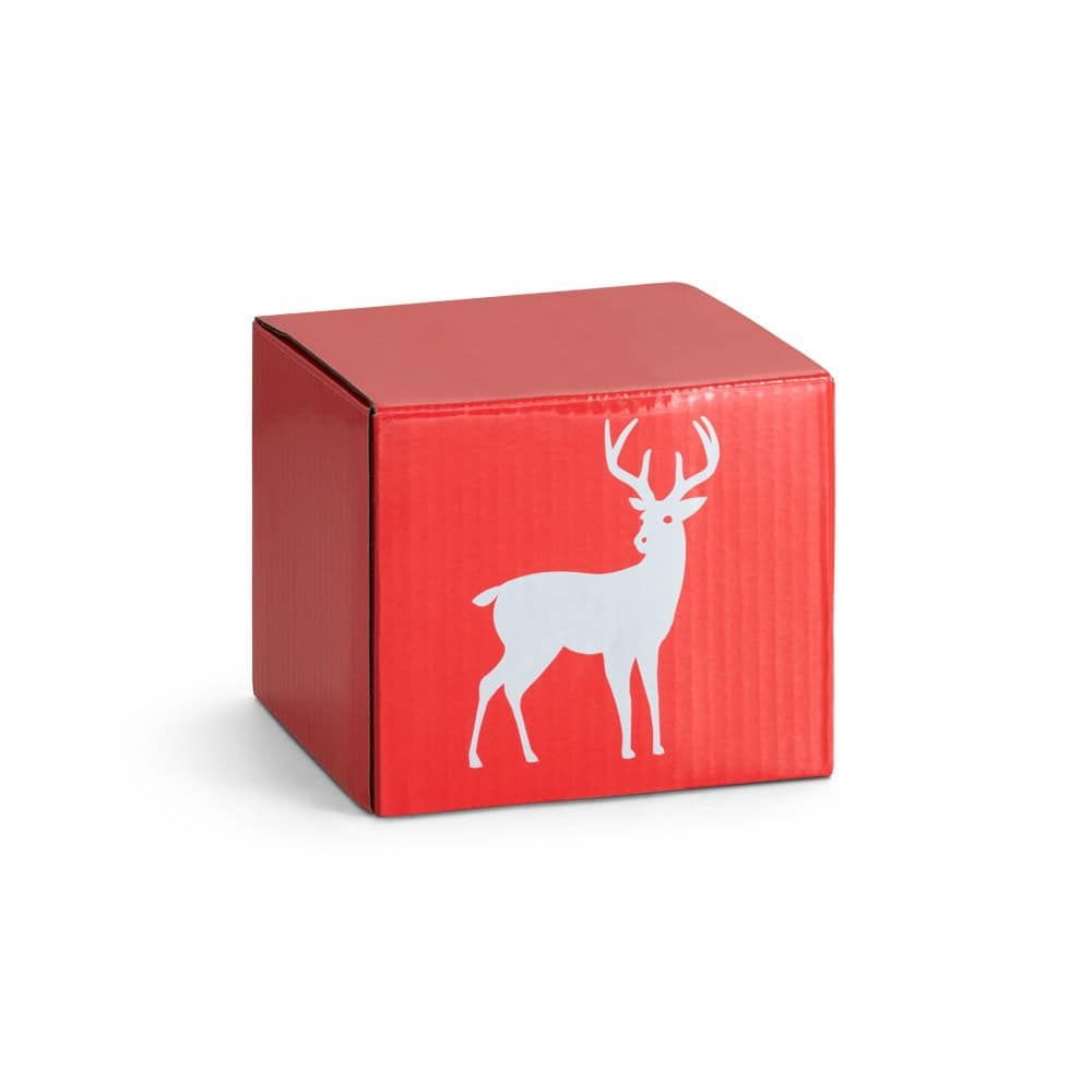 Röd förpackning med vit ren-illustration, perfekt för julpresenter.