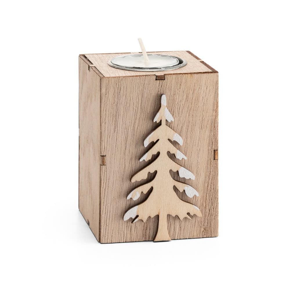 Ljushållare i trä med granmotiv, perfekt för doftljus och mysig stämning. Enkel design i naturligt t.