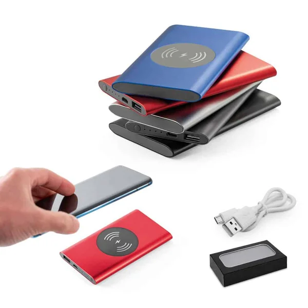 CASSINI. Powerbank 4 000 mAh med 5W trådlös laddare i återvunnet aluminium (100% rAL) – profilreklam med tryck från ExpoTryck