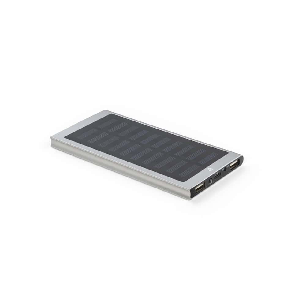 CLERK. 8 000 mAh powerbank med solpanel i 100 % återvunnen aluminium