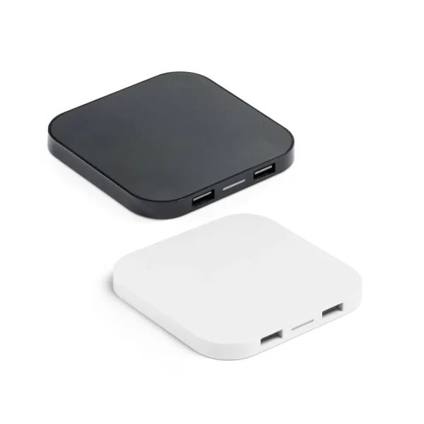 CAROLINE. Supersnabb 15W trådlös laddare med HUB 2 USB-A-portar i återvunnen ABS (100 % rABS) – profilreklam med tryck från ExpoTryck