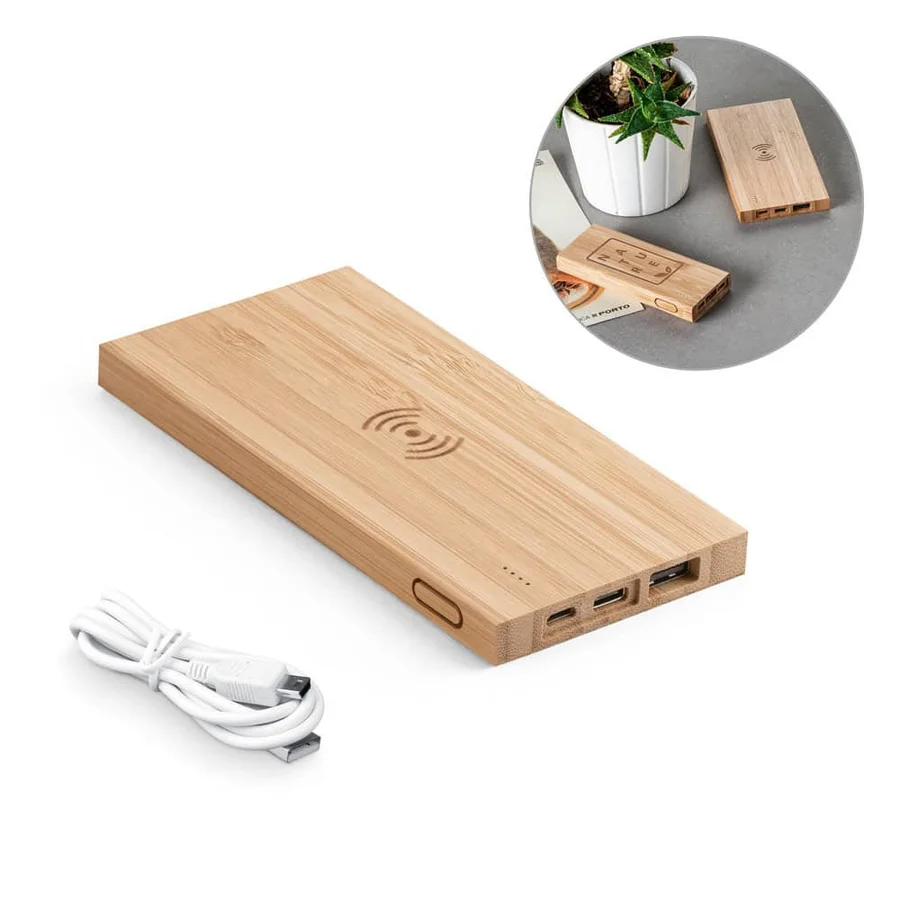 FITCH. Powerbank 5 000 mAh med 5W trådlös laddare i bambuso