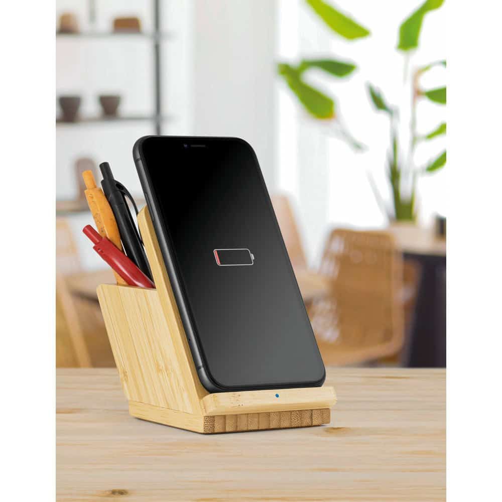 LEAVITT. Smartphonehållare och kulspetshållare med 10W snabb trådlös laddare i bambu