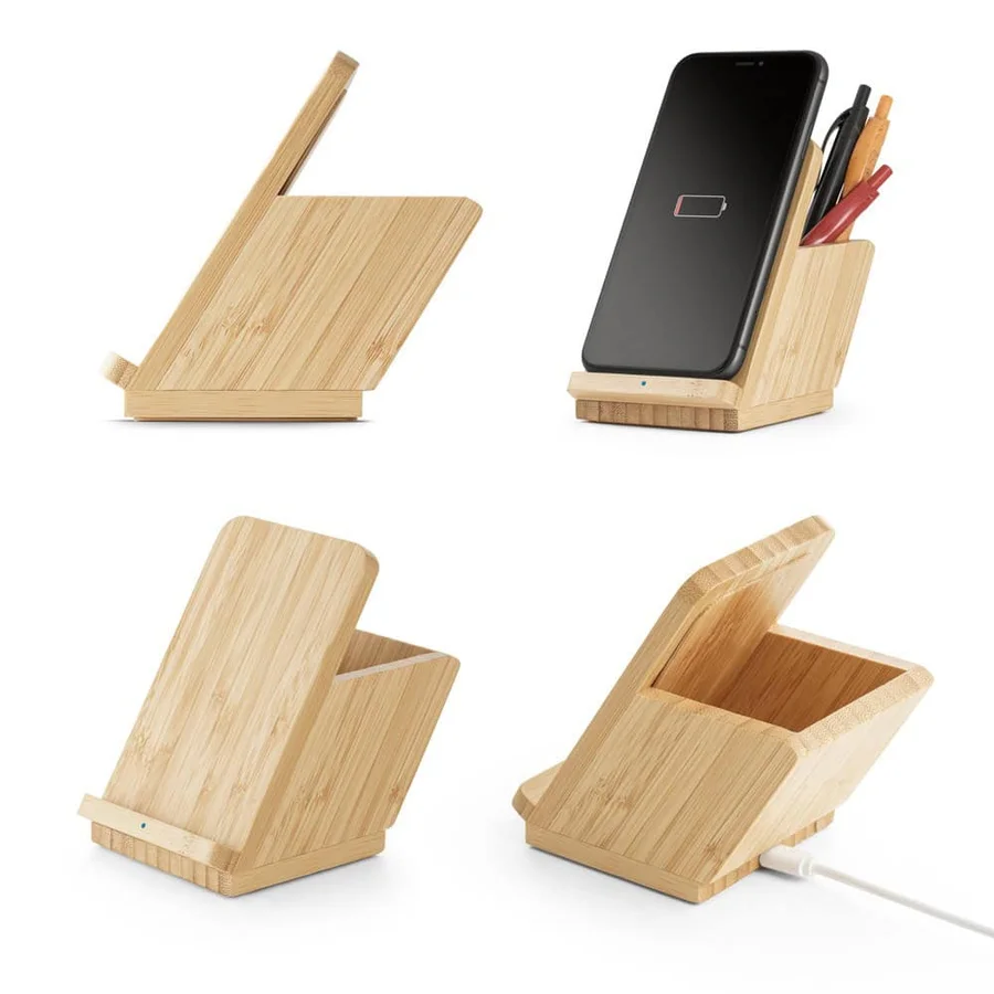 LEAVITT. Smartphonehållare och kulspetshållare med 10W snabb trådlös laddare i bambu