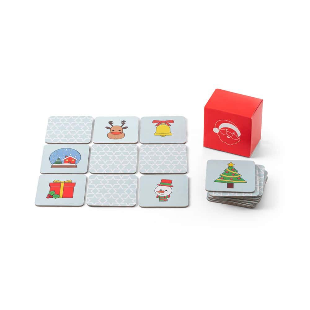 Julklappsspel med julmotiv och en röd presentlåda.
