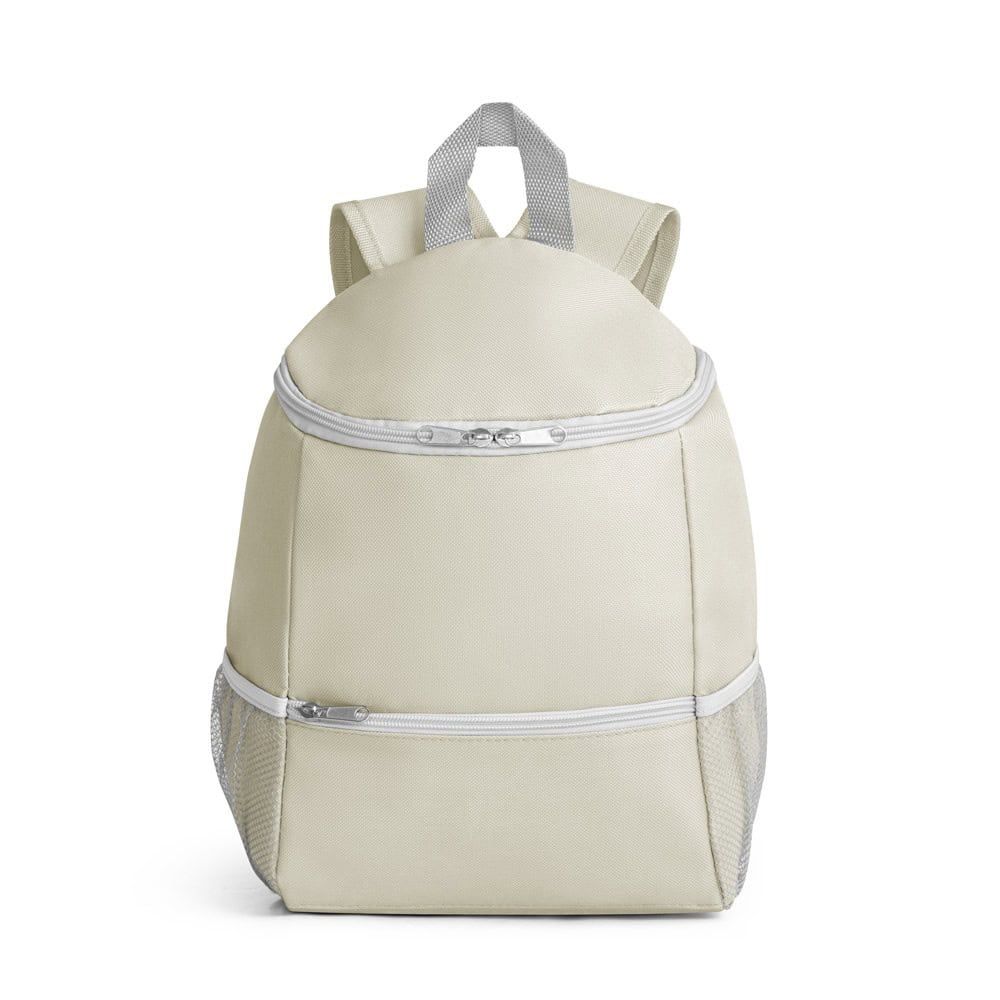 Beige ryggsäck kylväska med 10L kapacitet i 600D-nylon, perfekt för kalla drycker.