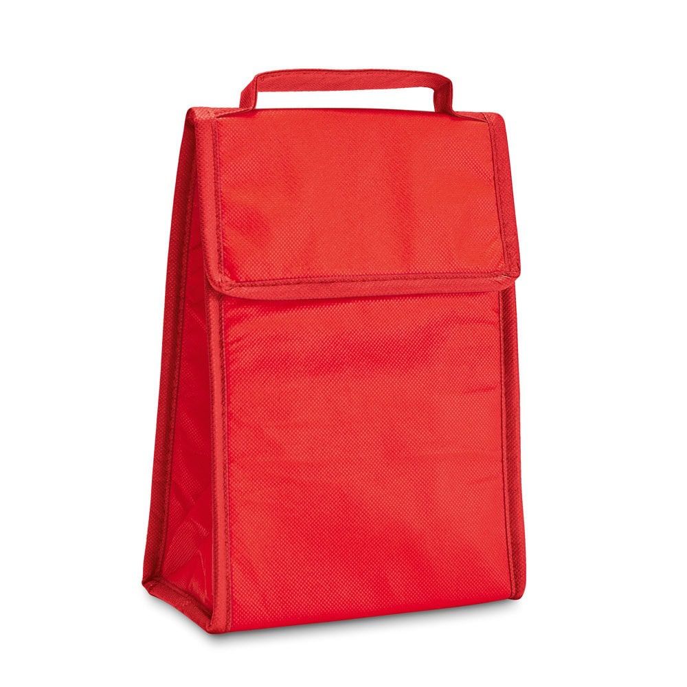 Röd hopfällbar kylväska i non-woven material, 2 L, perfekt för mat och dryck.